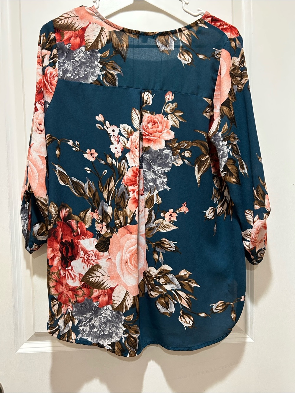 West Kei Teal Floral Roll-Tab Blouse